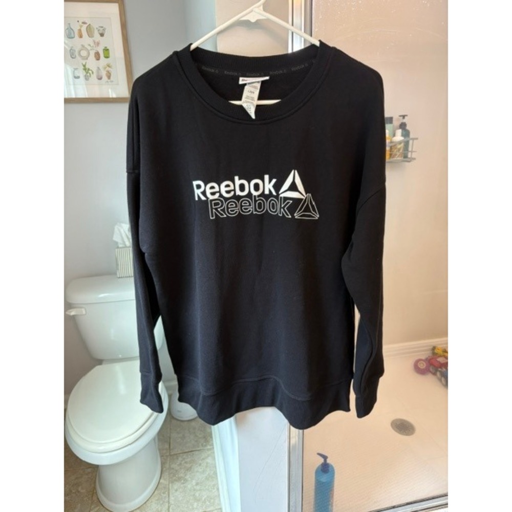 Reebok‎ Womens Black Graphic Logo Crewneck Sweatshirt Pullover Large REW243TL04